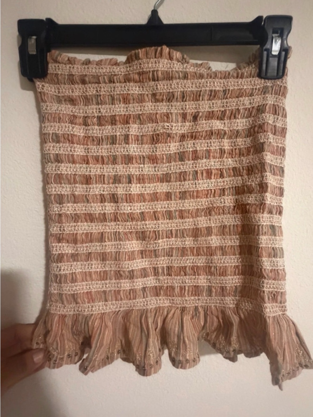 Guess Cream and Tan Smocked Tube Top with Ruffle Hem